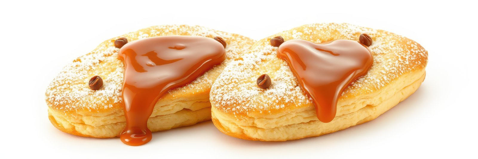 Delicious caramel-filled pastries with powdered sugar served on a white background